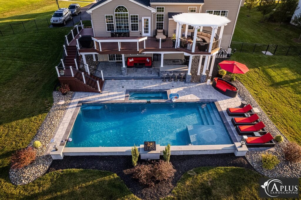 a swimming pool and patio hardscape installation in reinholds pennsylvania